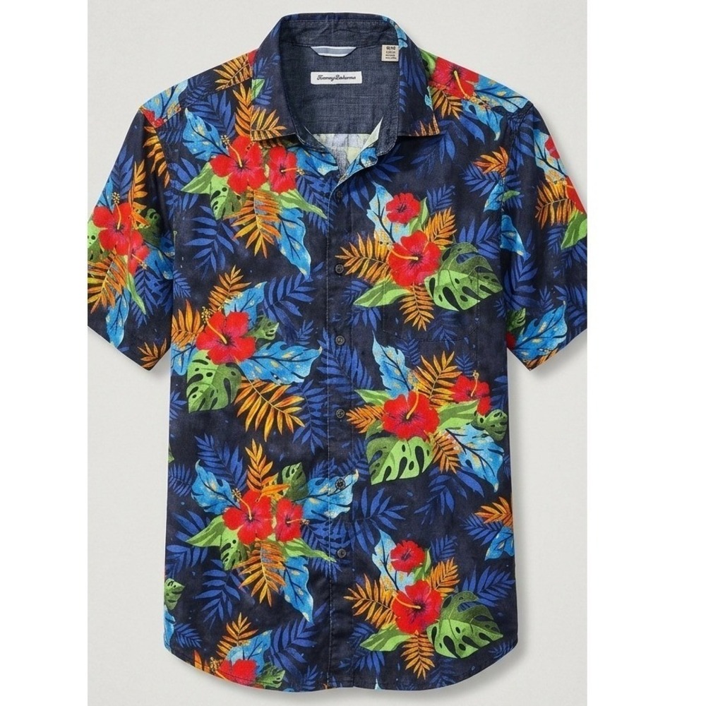 Tommy Bahama Mens Medium Hibiscus Monstera Print Short Sleeve Tropical Shirt EUC